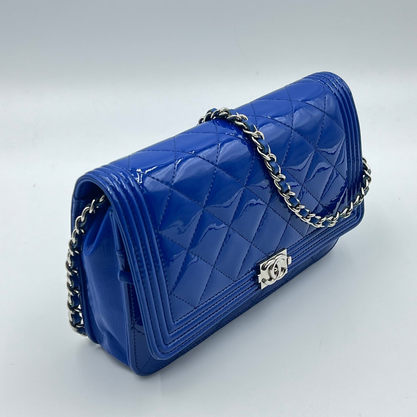 Chanel Blue Quilted Patent Leather Boy WOC Clutch Bag