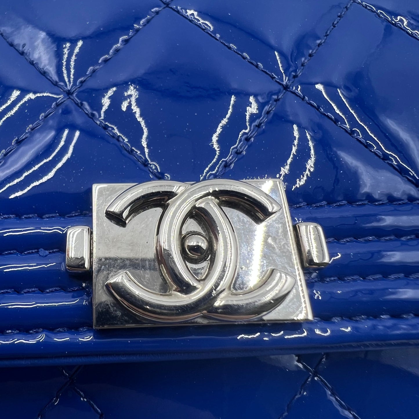 Chanel Blue Quilted Patent Leather Boy WOC Clutch Bag
