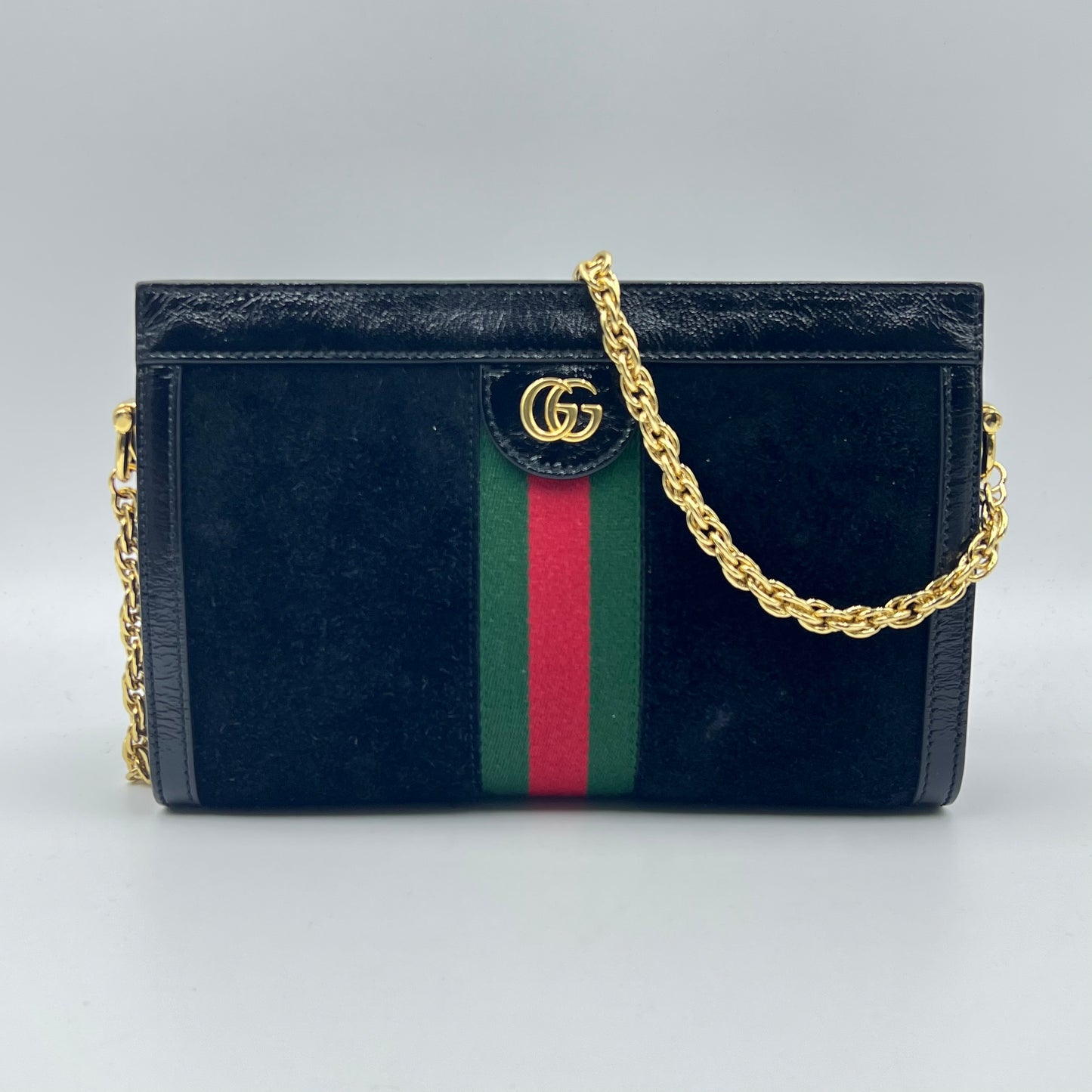 Gucci Black Suede and Patent Leather Medium Ophidia Chain Shoulder Bag
