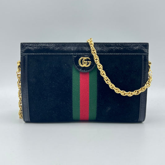 Gucci Black Suede and Patent Leather Medium Ophidia Chain Shoulder Bag