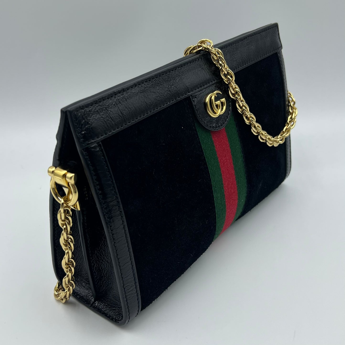 Gucci Black Suede and Patent Leather Medium Ophidia Chain Shoulder Bag