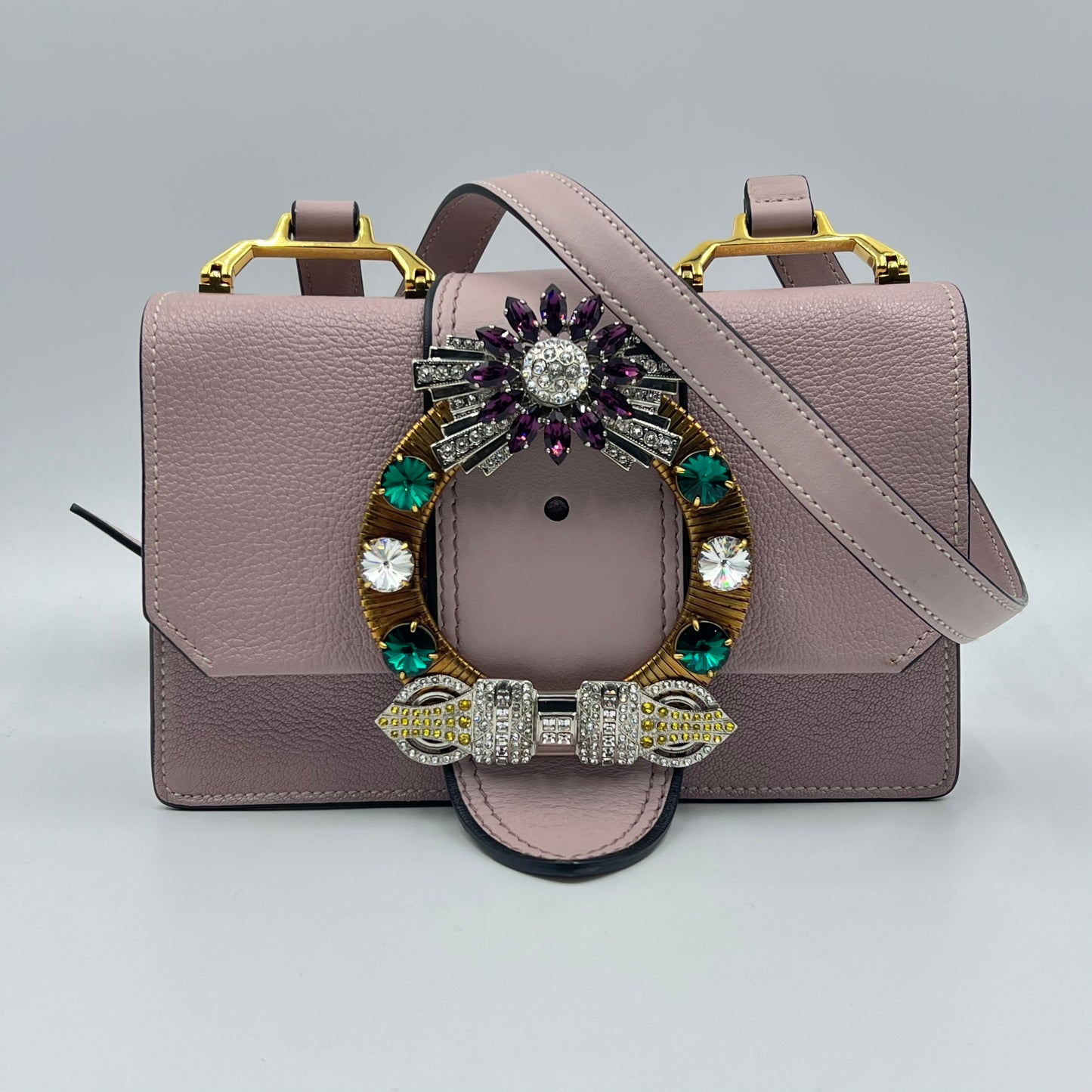 Dusty Lilac Madras Leather Crystal Embellished Buckle Flap Shoulder Bag
