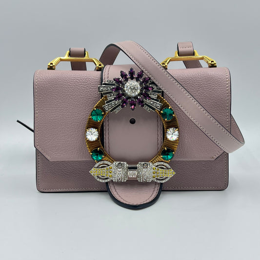 Dusty Lilac Madras Leather Crystal Embellished Buckle Flap Shoulder Bag