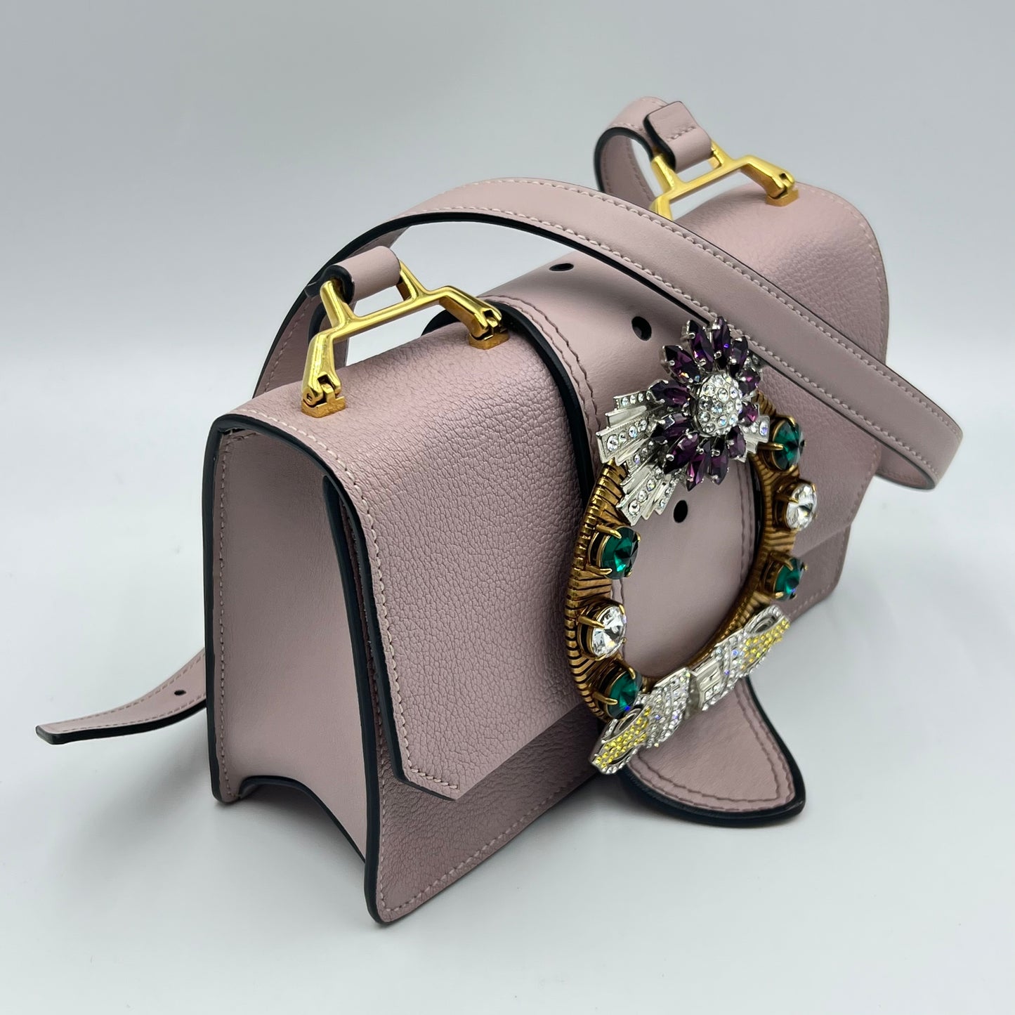 Dusty Lilac Madras Leather Crystal Embellished Buckle Flap Shoulder Bag
