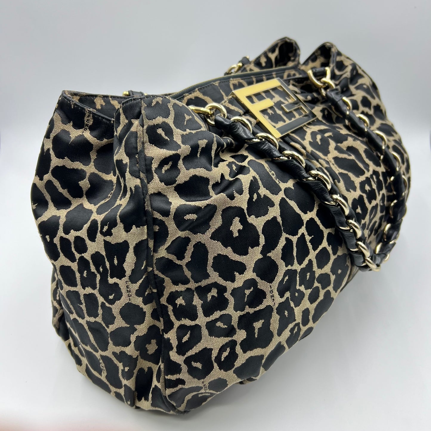 Fendi Zucca Logo Chain Handbag Leopard Pattern Nylon Black
