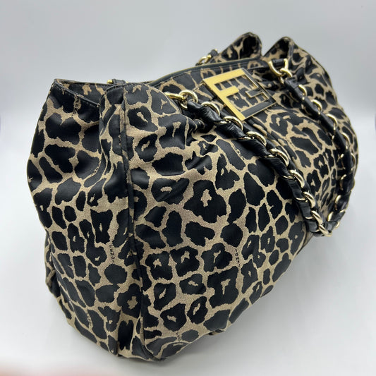 Fendi Zucca Logo Chain Handbag Leopard Pattern Nylon Black