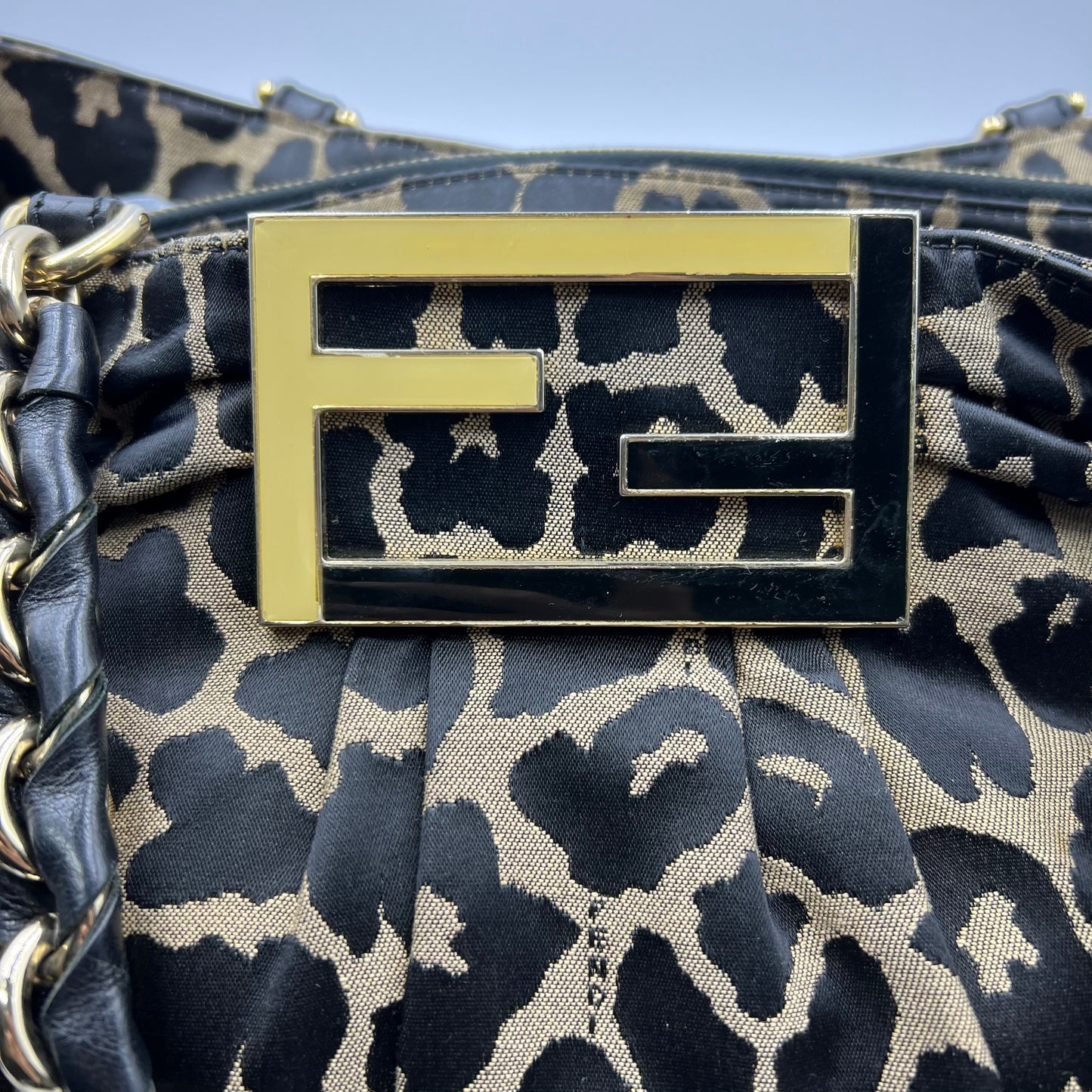 Fendi Zucca Logo Chain Handbag Leopard Pattern Nylon Black