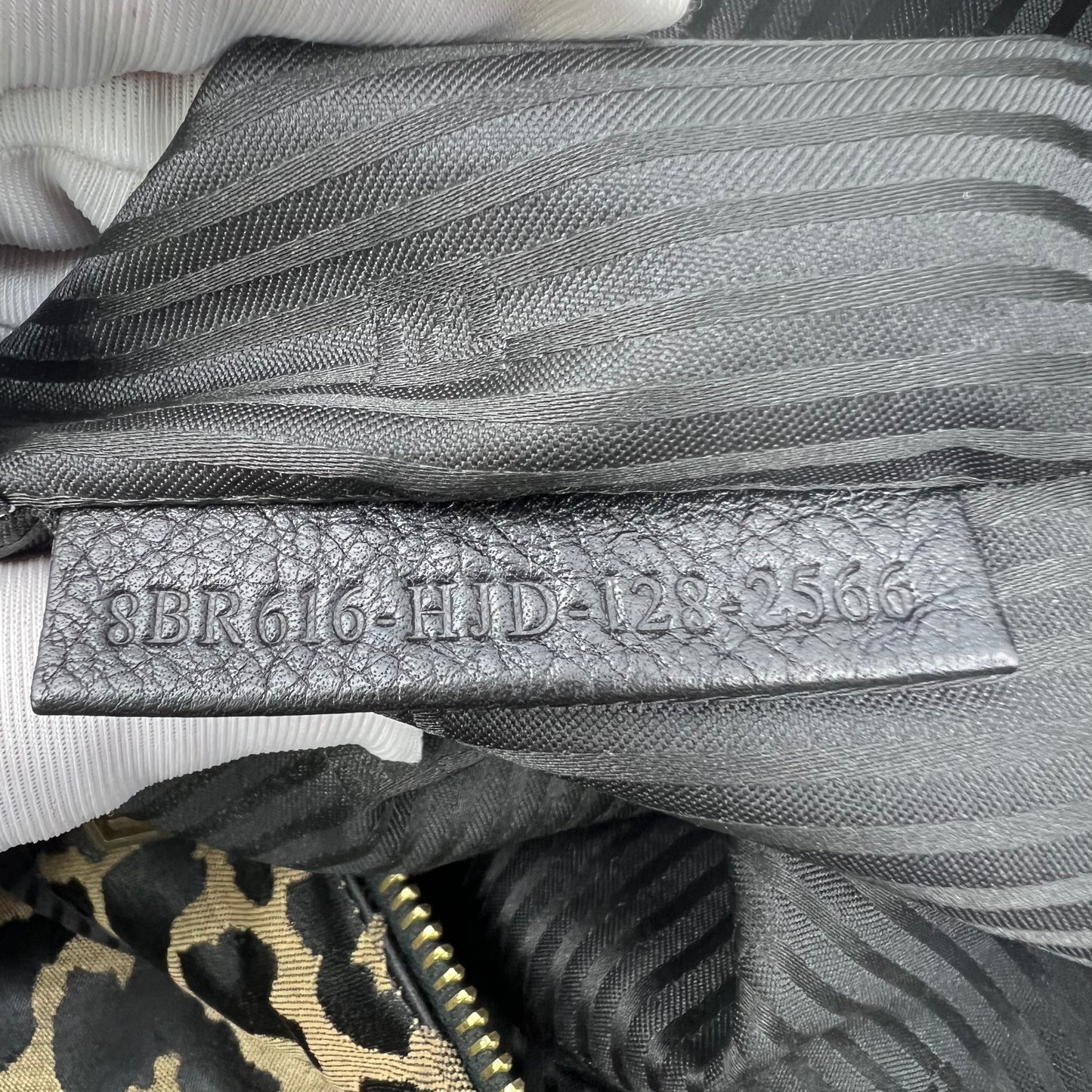 Fendi Zucca Logo Chain Handbag Leopard Pattern Nylon Black