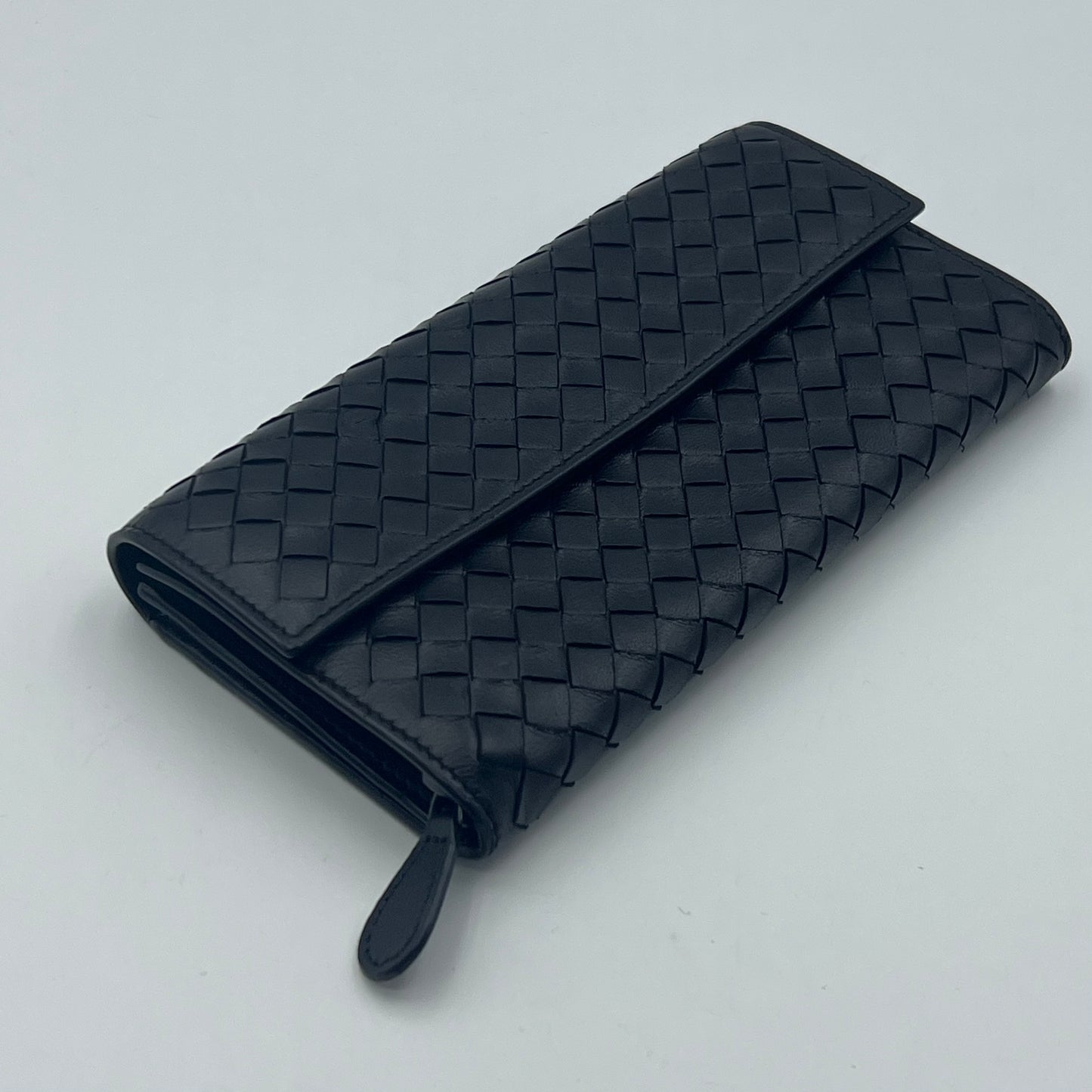 Black Intrecciato Woven Nappa Leather Continental Wallet