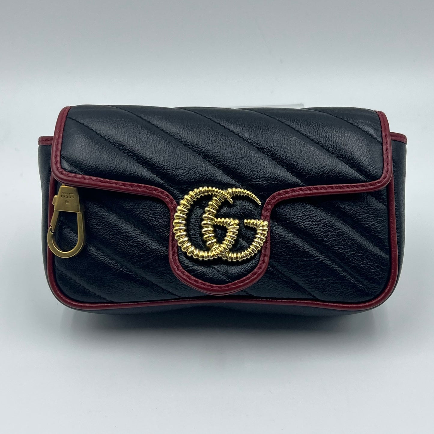 Calfskin Matelasse Super Mini GG Marmont Shoulder Bag Black with Red Trim