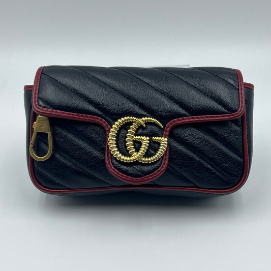 Calfskin Matelasse Super Mini GG Marmont Shoulder Bag Black with Red Trim