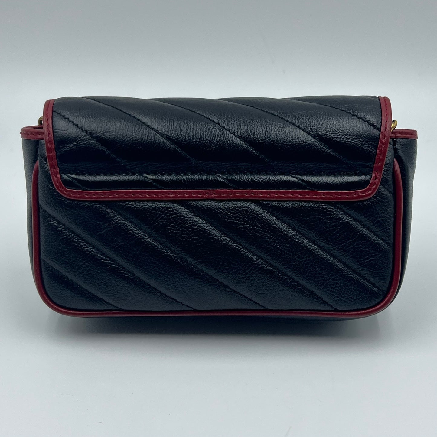 Calfskin Matelasse Super Mini GG Marmont Shoulder Bag Black with Red Trim