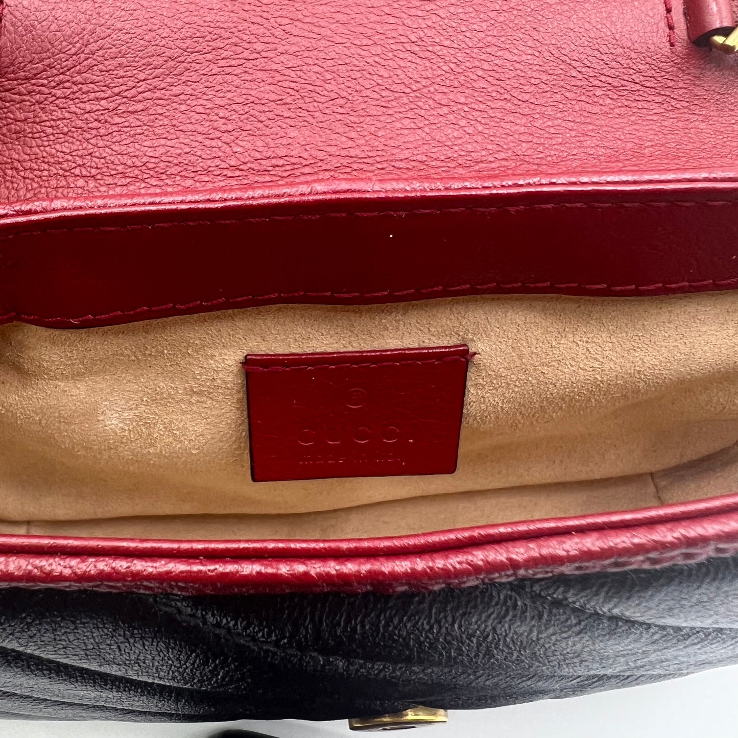 Calfskin Matelasse Super Mini GG Marmont Shoulder Bag Black with Red Trim