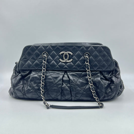Black Quilted Iridescent Calfskin Leather Chic Quilt Bowling Bag