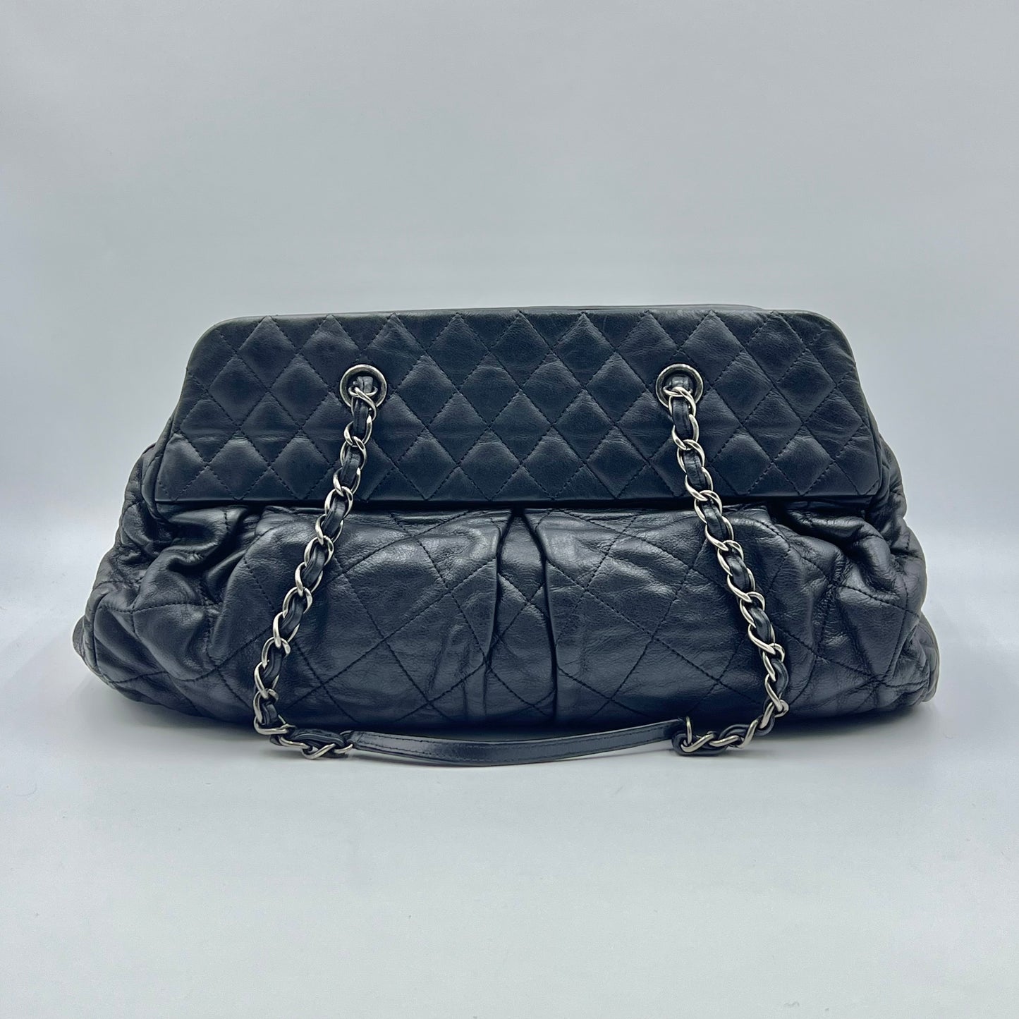Black Quilted Iridescent Calfskin Leather Chic Quilt Bowling Bag