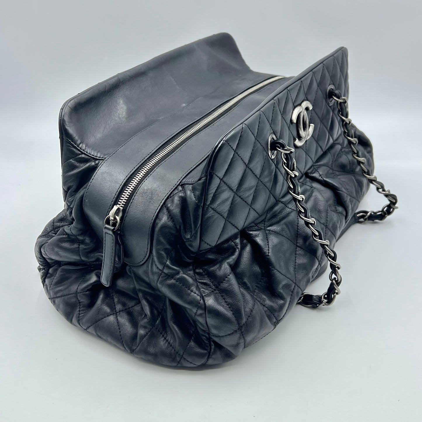 Black Quilted Iridescent Calfskin Leather Chic Quilt Bowling Bag