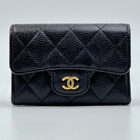 Caviar Quilted Flap Card Holder Wallet Black