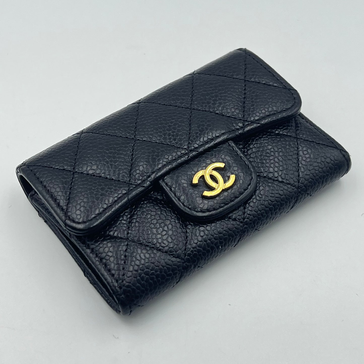 Caviar Quilted Flap Card Holder Wallet Black