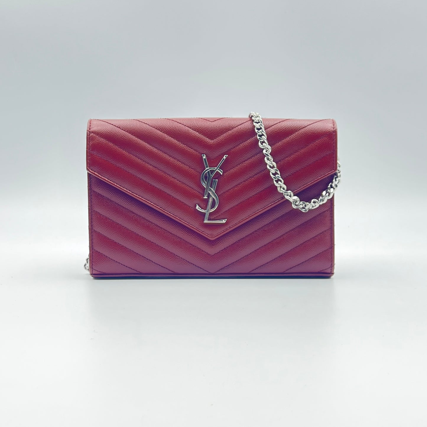Maroon Chevron Quilted Grained Leather Envelope Wallet on Chain Bag