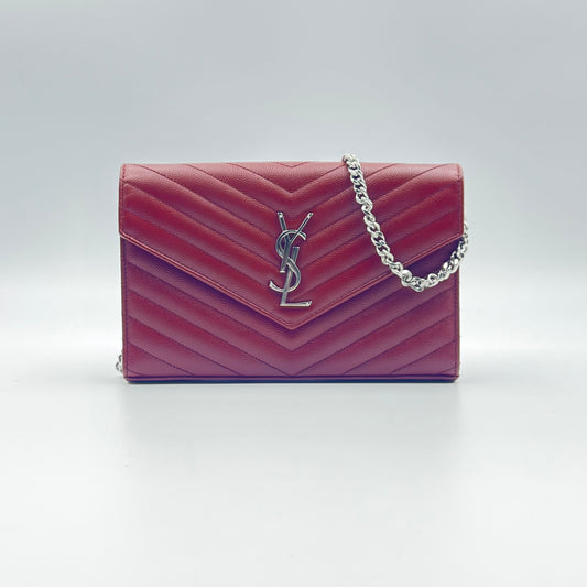 Maroon Chevron Quilted Grained Leather Envelope Wallet on Chain Bag