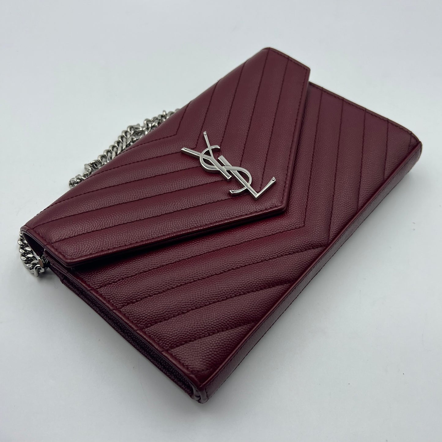 Maroon Chevron Quilted Grained Leather Envelope Wallet on Chain Bag