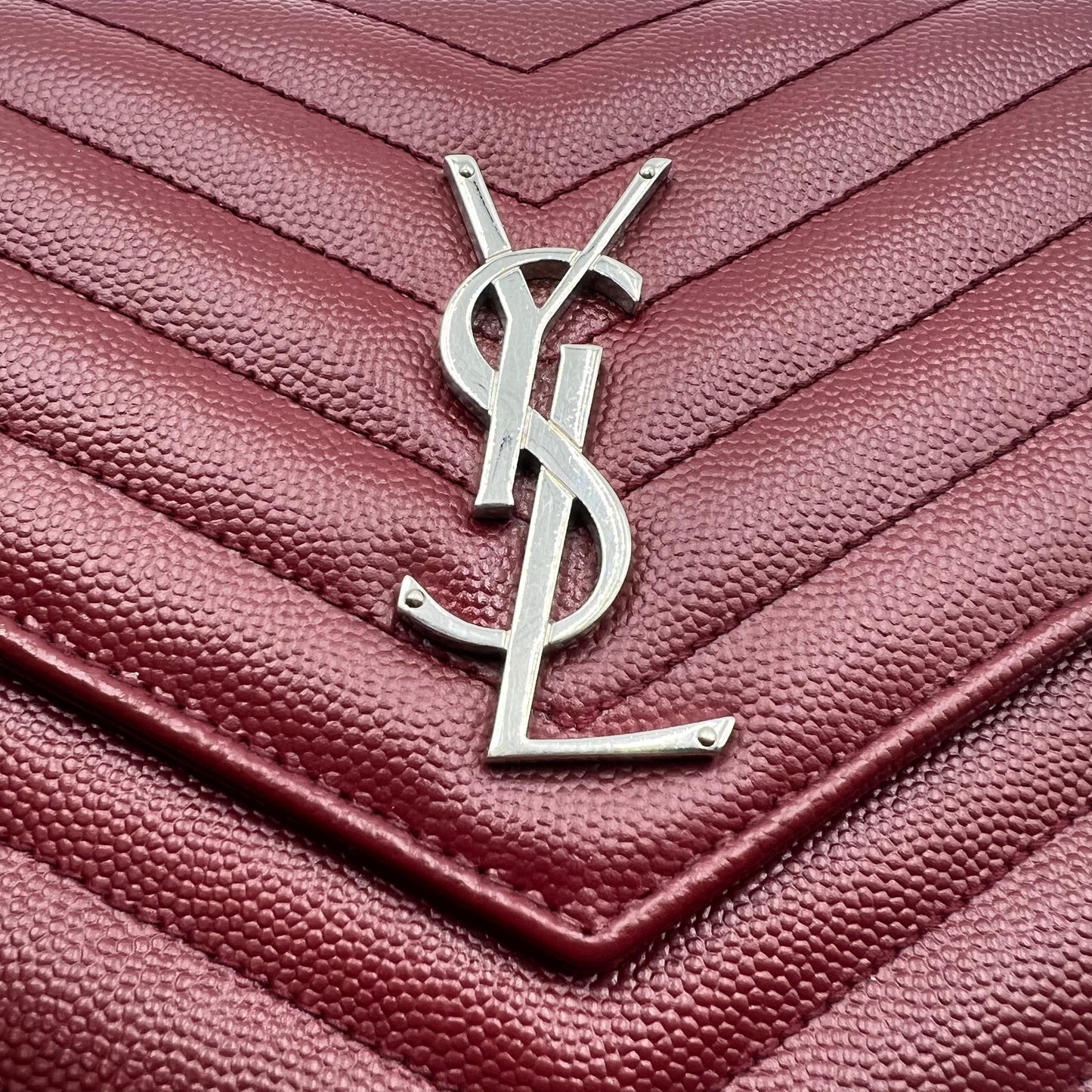 Maroon Chevron Quilted Grained Leather Envelope Wallet on Chain Bag