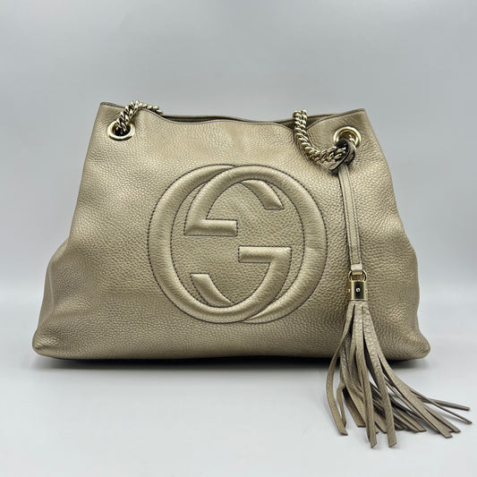 Gold Metallic Pebbled Calfskin Leather Soho Chain Tote