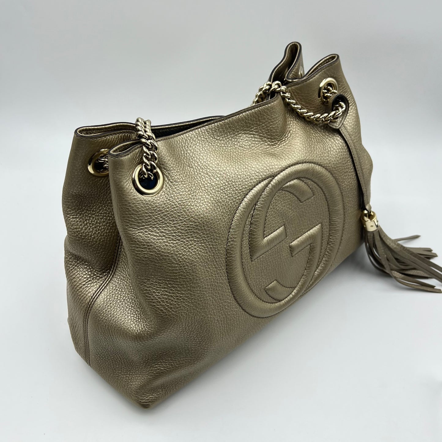 Gold Metallic Pebbled Calfskin Leather Soho Chain Tote
