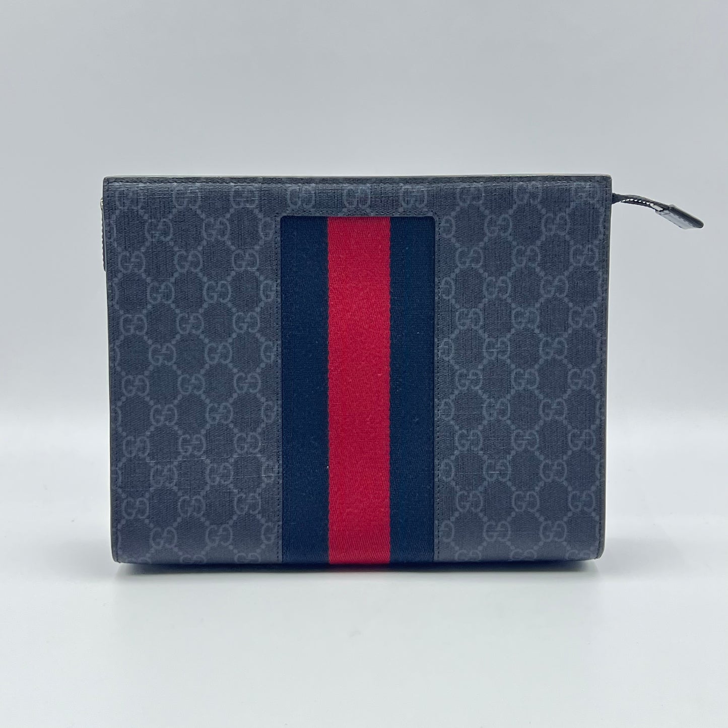 GG Supreme Monogram Selleria Calfskin Web New Web Cosmetic Case Black