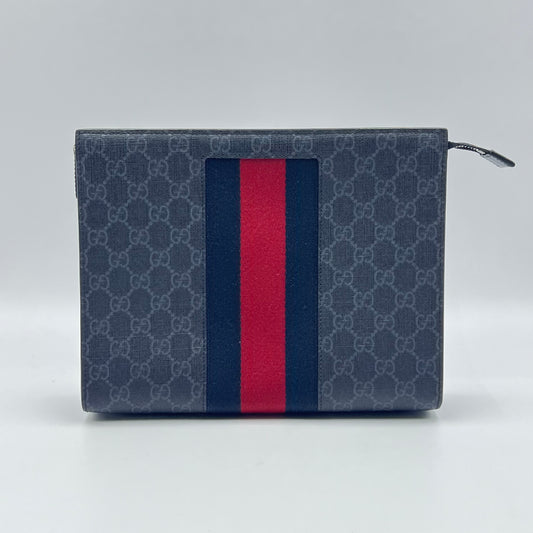 GG Supreme Monogram Selleria Calfskin Web New Web Cosmetic Case Black