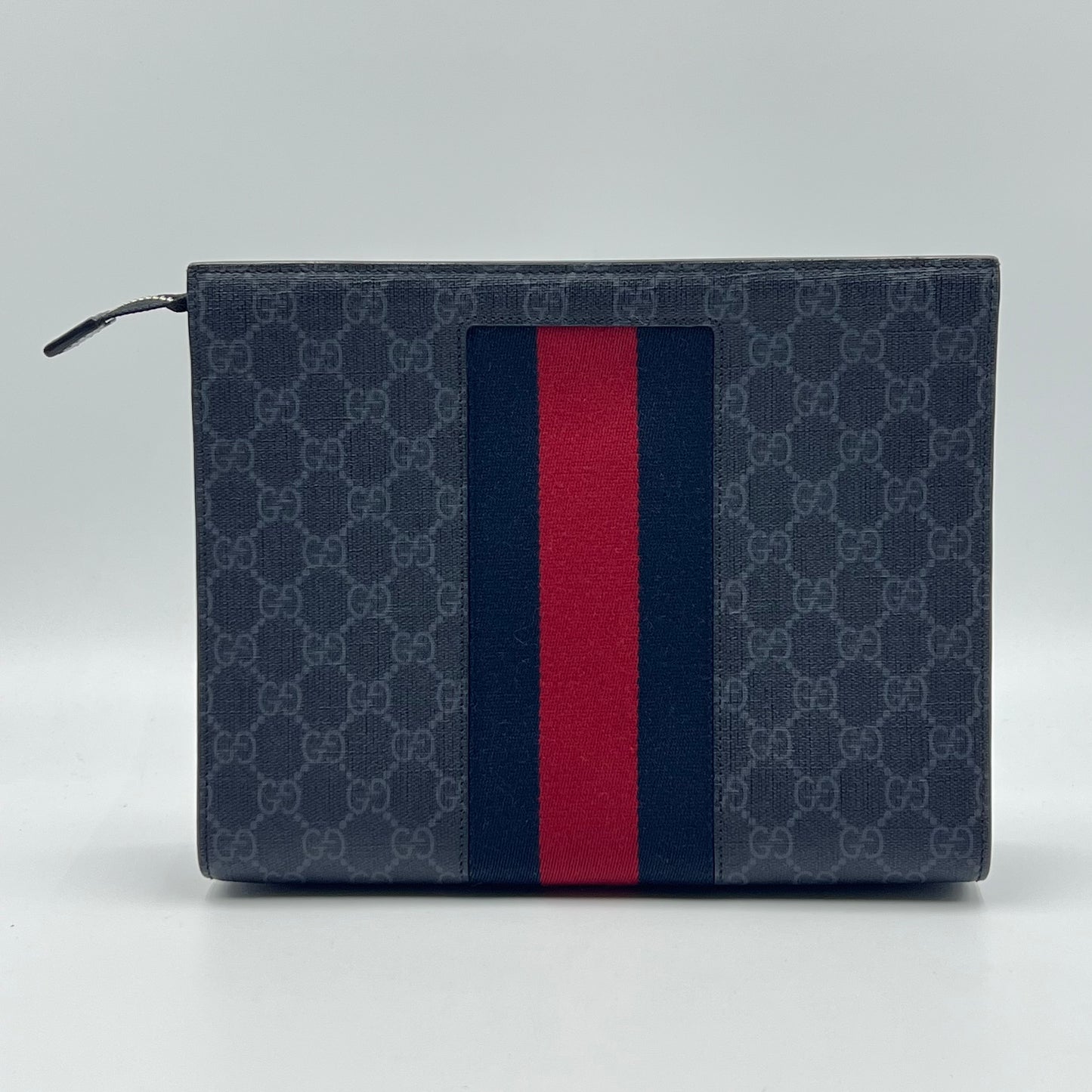 GG Supreme Monogram Selleria Calfskin Web New Web Cosmetic Case Black