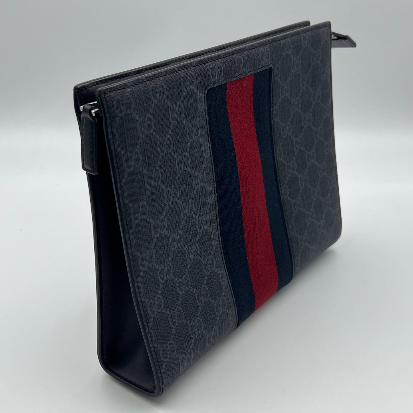 GG Supreme Monogram Selleria Calfskin Web New Web Cosmetic Case Black