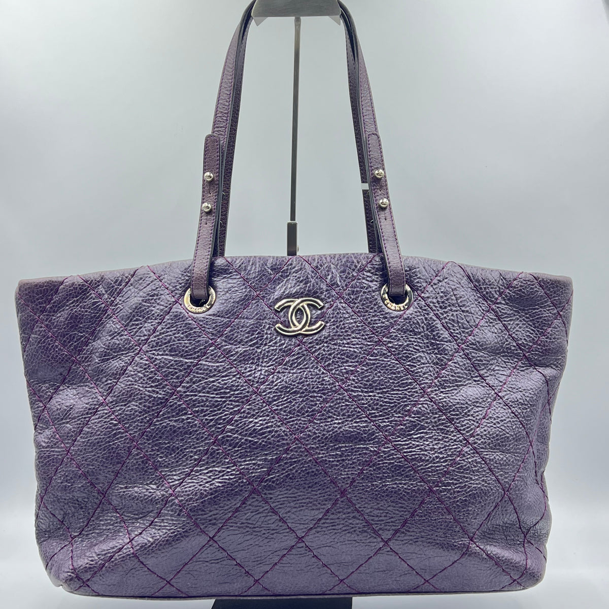 Purple Quilted Glazed Leather On-the-Road Tote Bag