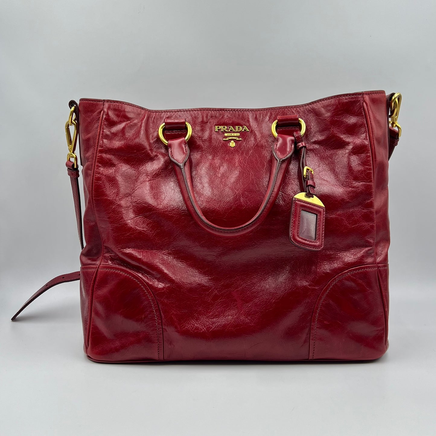 Prada Red Vitello Shine Leather Logo Shopper Tote