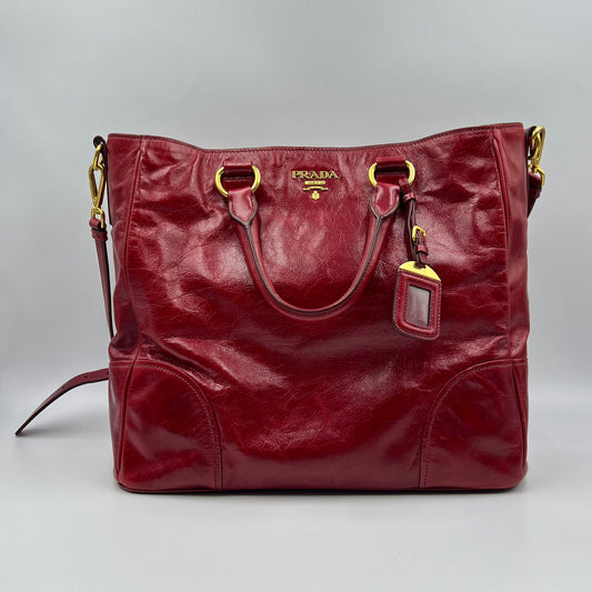 Prada Red Vitello Shine Leather Logo Shopper Tote