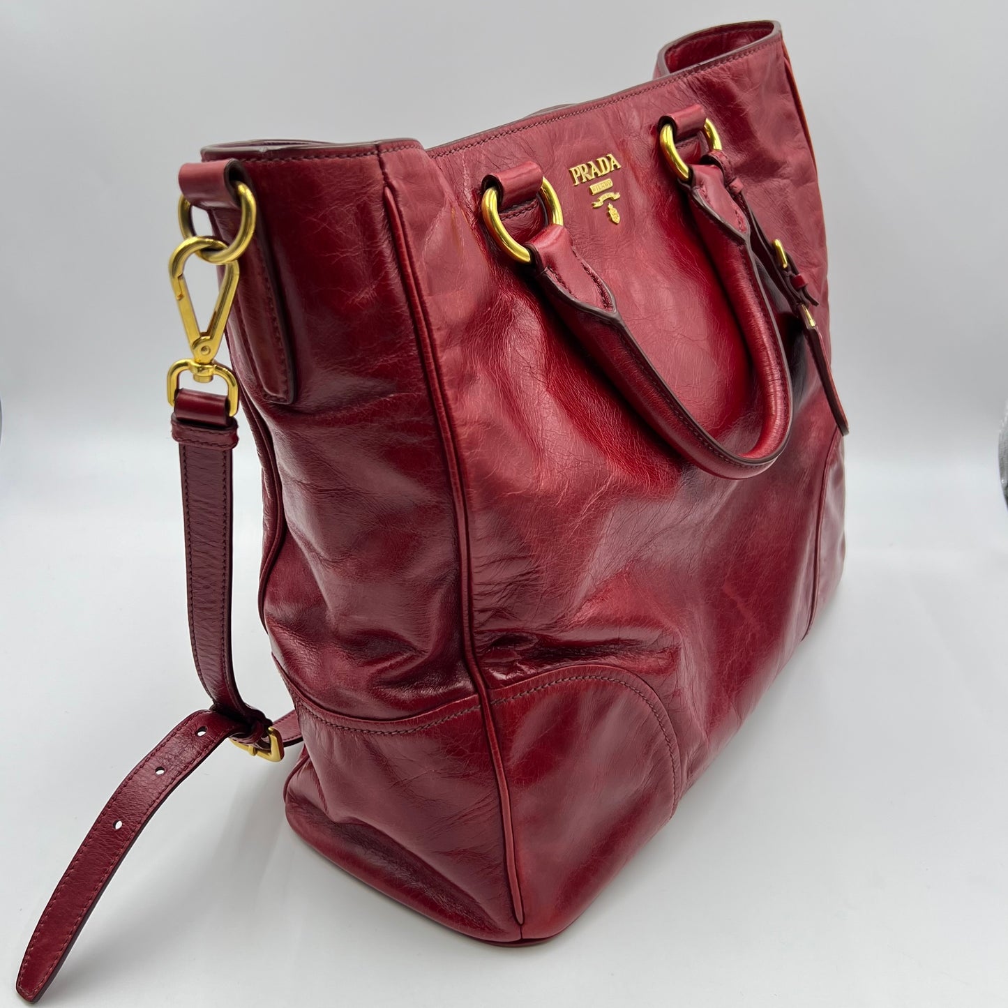 Prada Red Vitello Shine Leather Logo Shopper Tote
