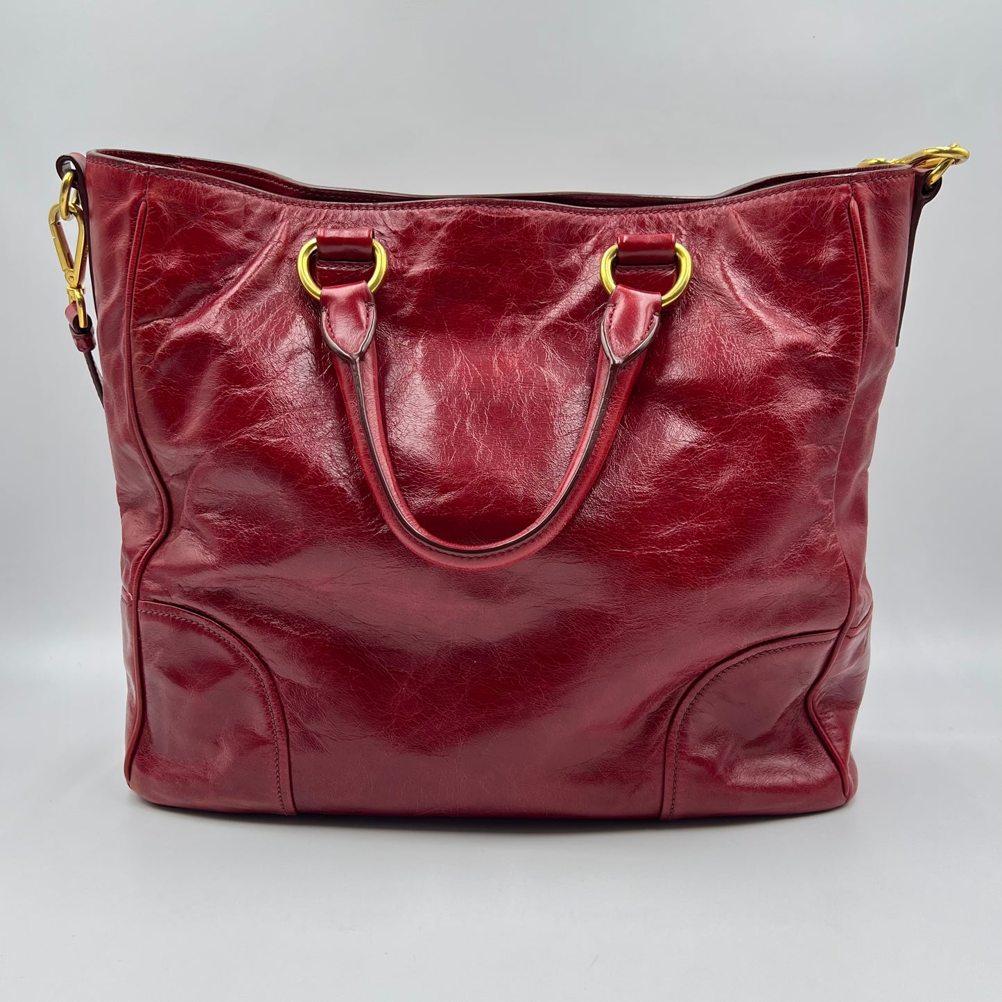 Prada Red Vitello Shine Leather Logo Shopper Tote