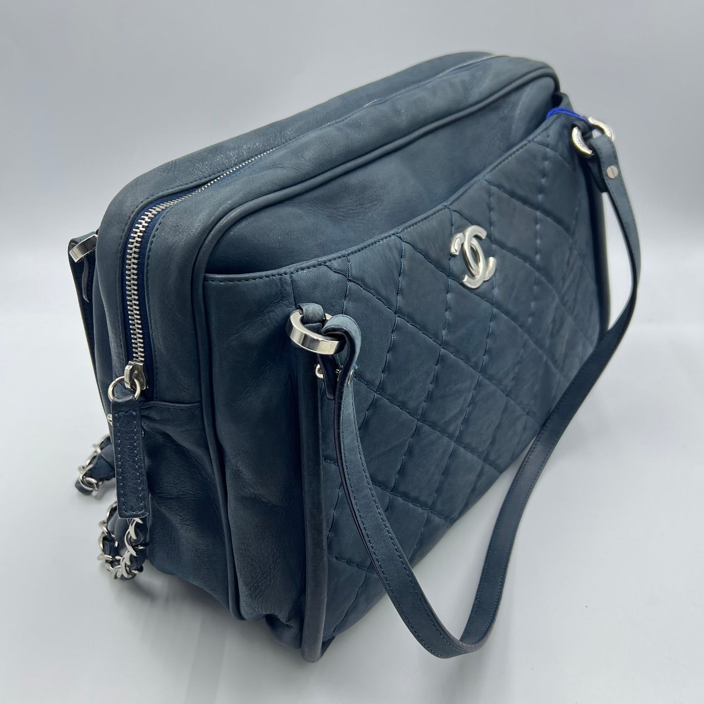 Navy Quilted Leather Iridescent Relax CC Shoulder Bag
