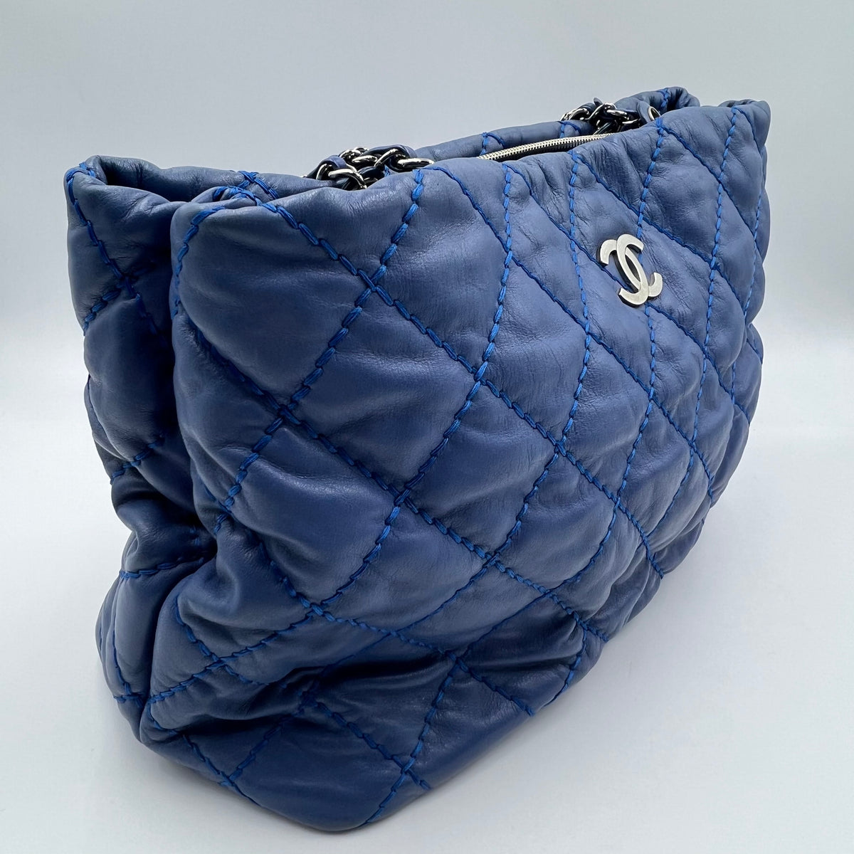Blue Quilted Leather Shopper Tote