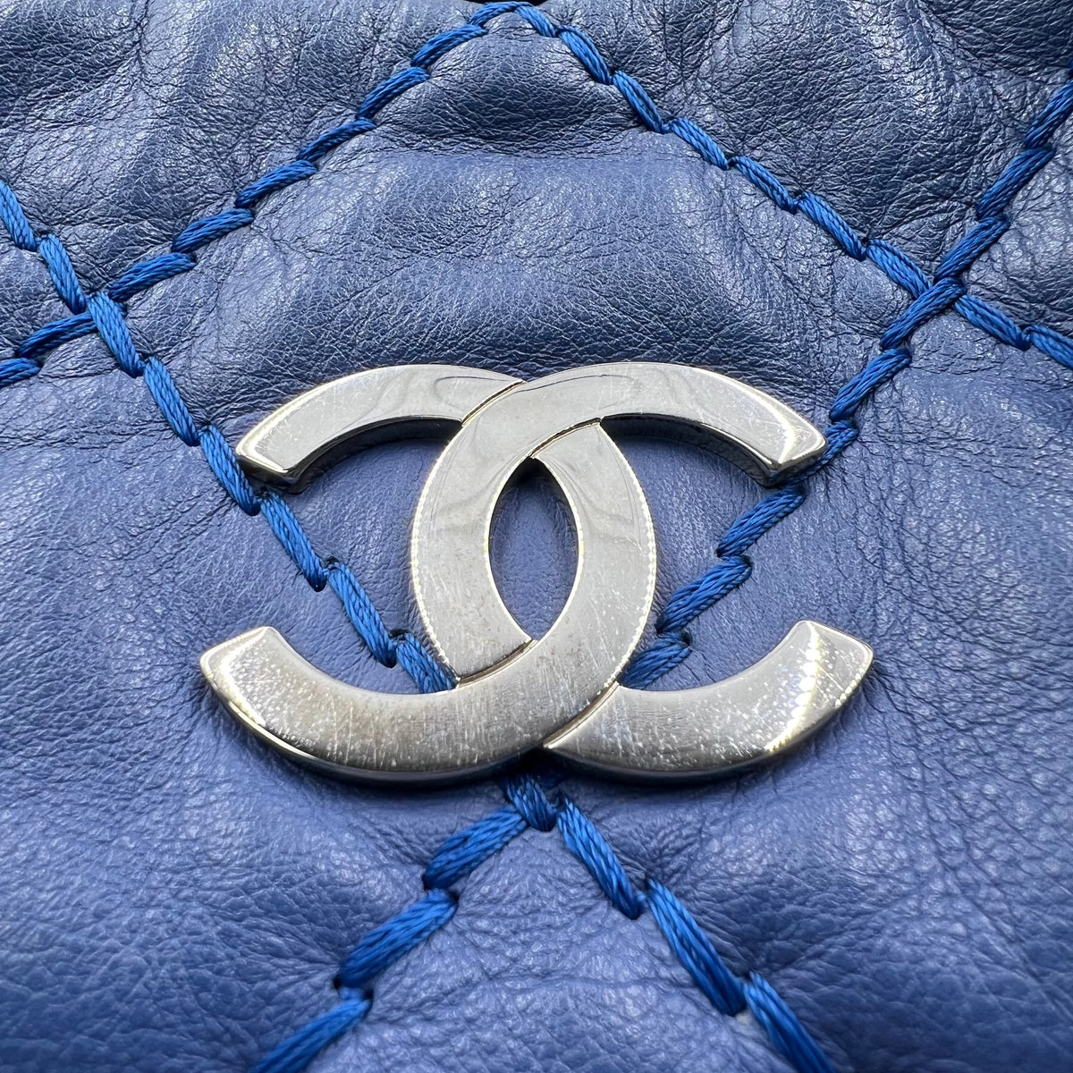 Blue Quilted Leather Shopper Tote