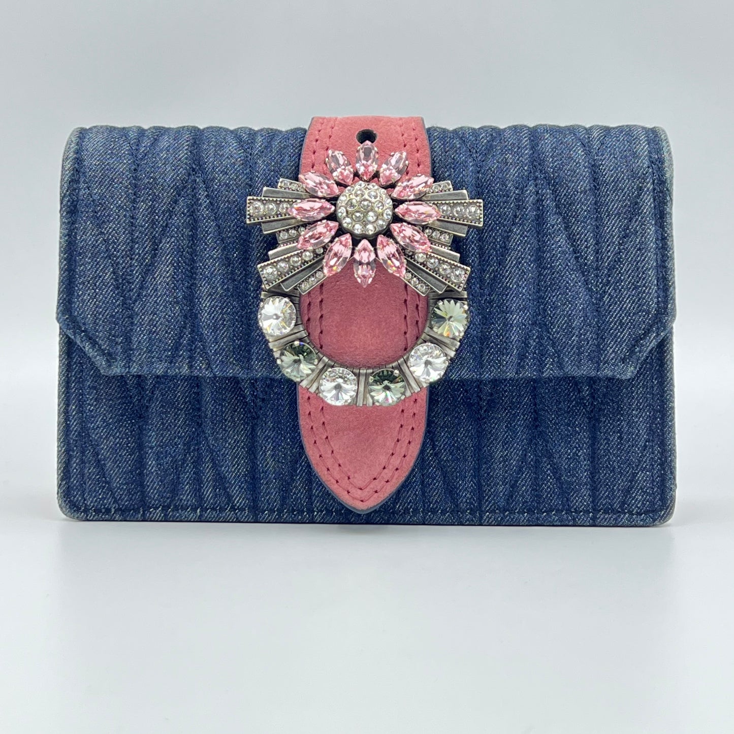 Denim Madras Crystal Buckle Bag Navy/Pink