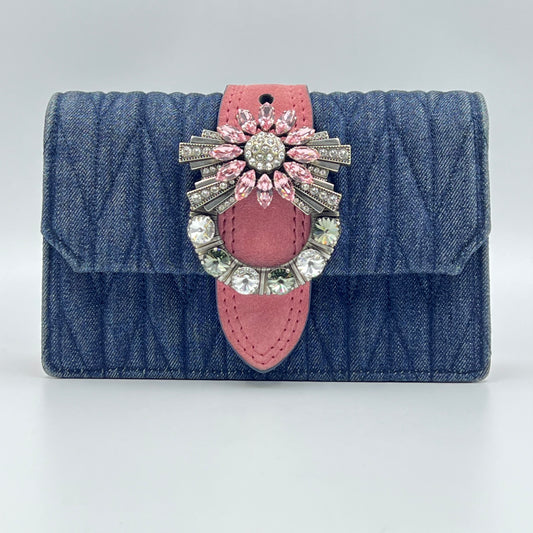Denim Madras Crystal Buckle Bag Navy/Pink