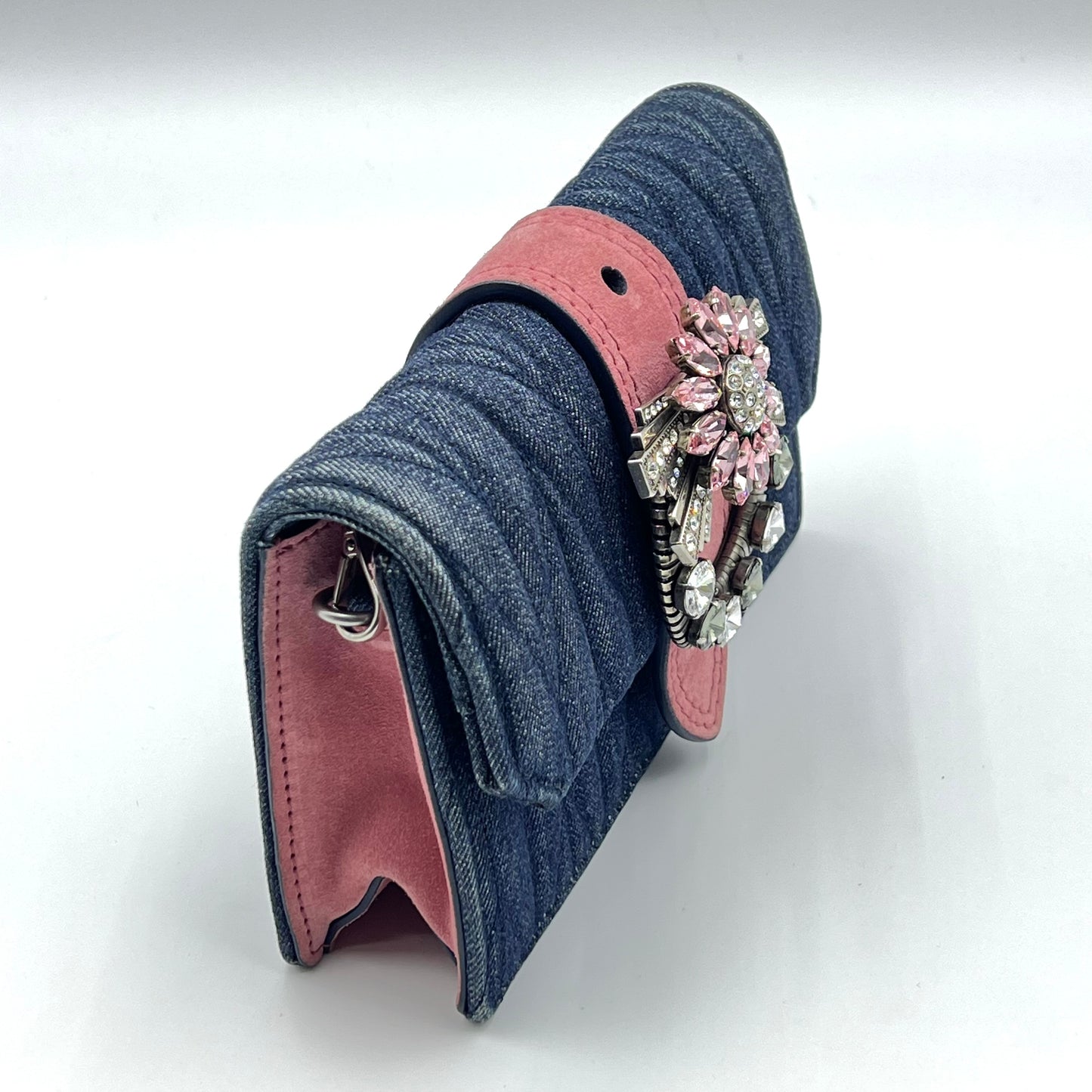 Denim Madras Crystal Buckle Bag Navy/Pink