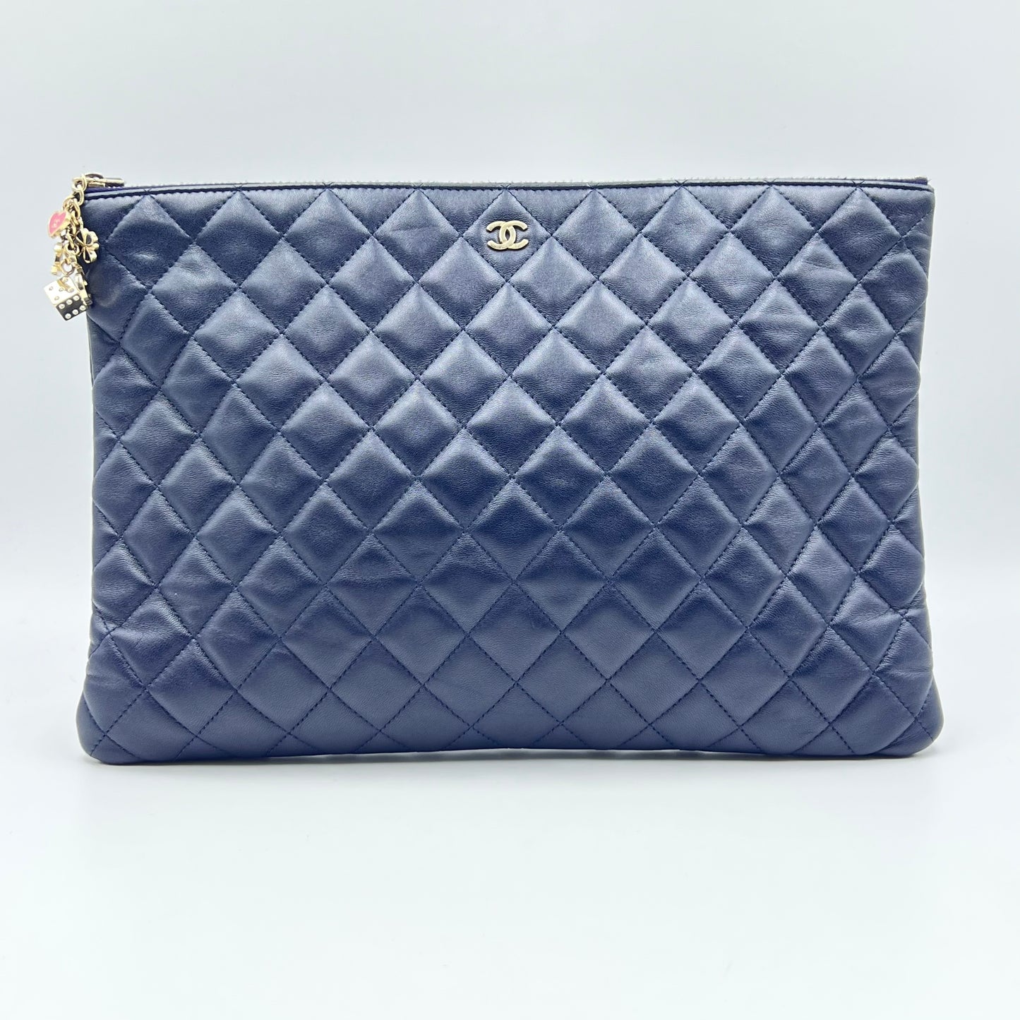 Blue Quilted Lambskin Leather Medium O-Case Zip Pouch