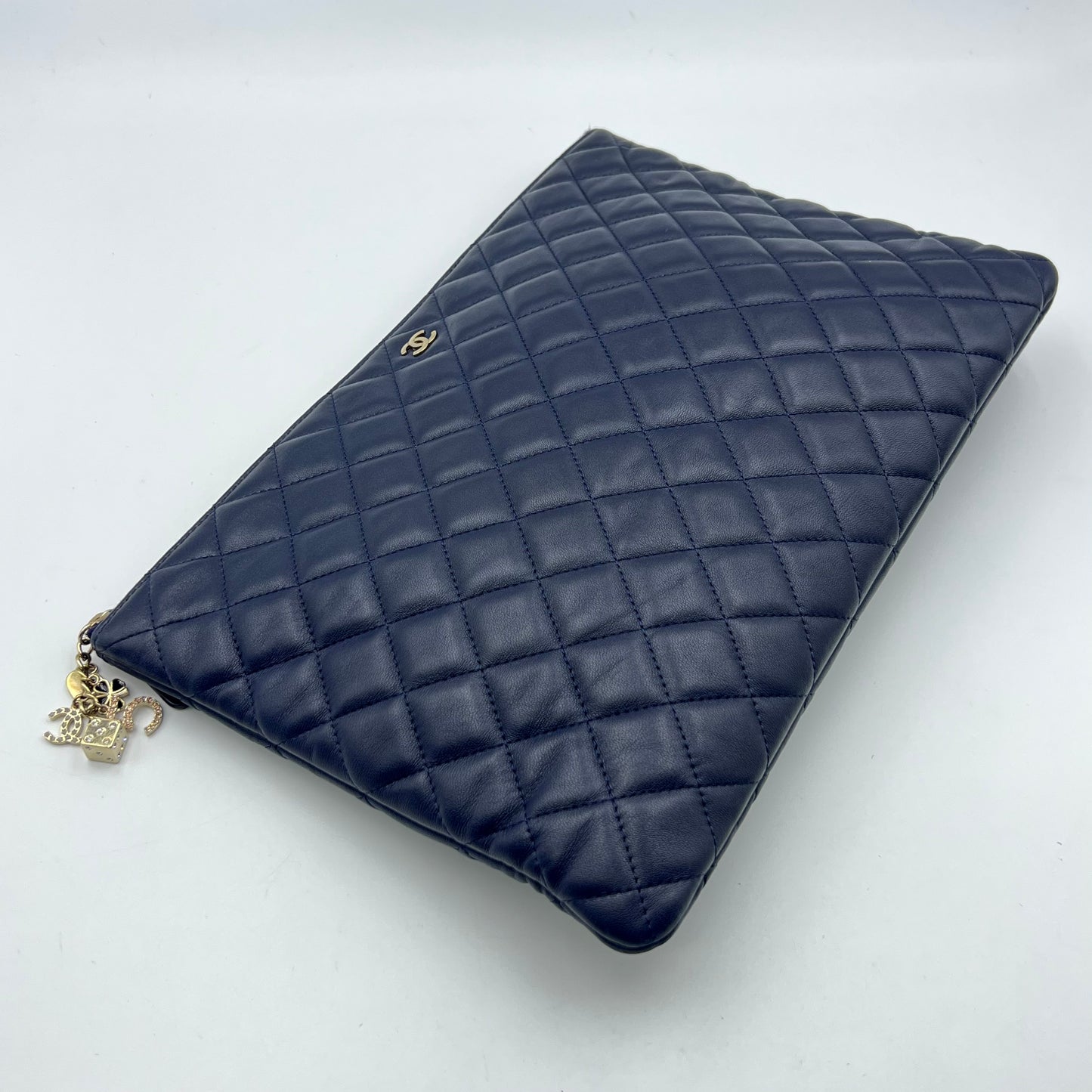 Blue Quilted Lambskin Leather Medium O-Case Zip Pouch