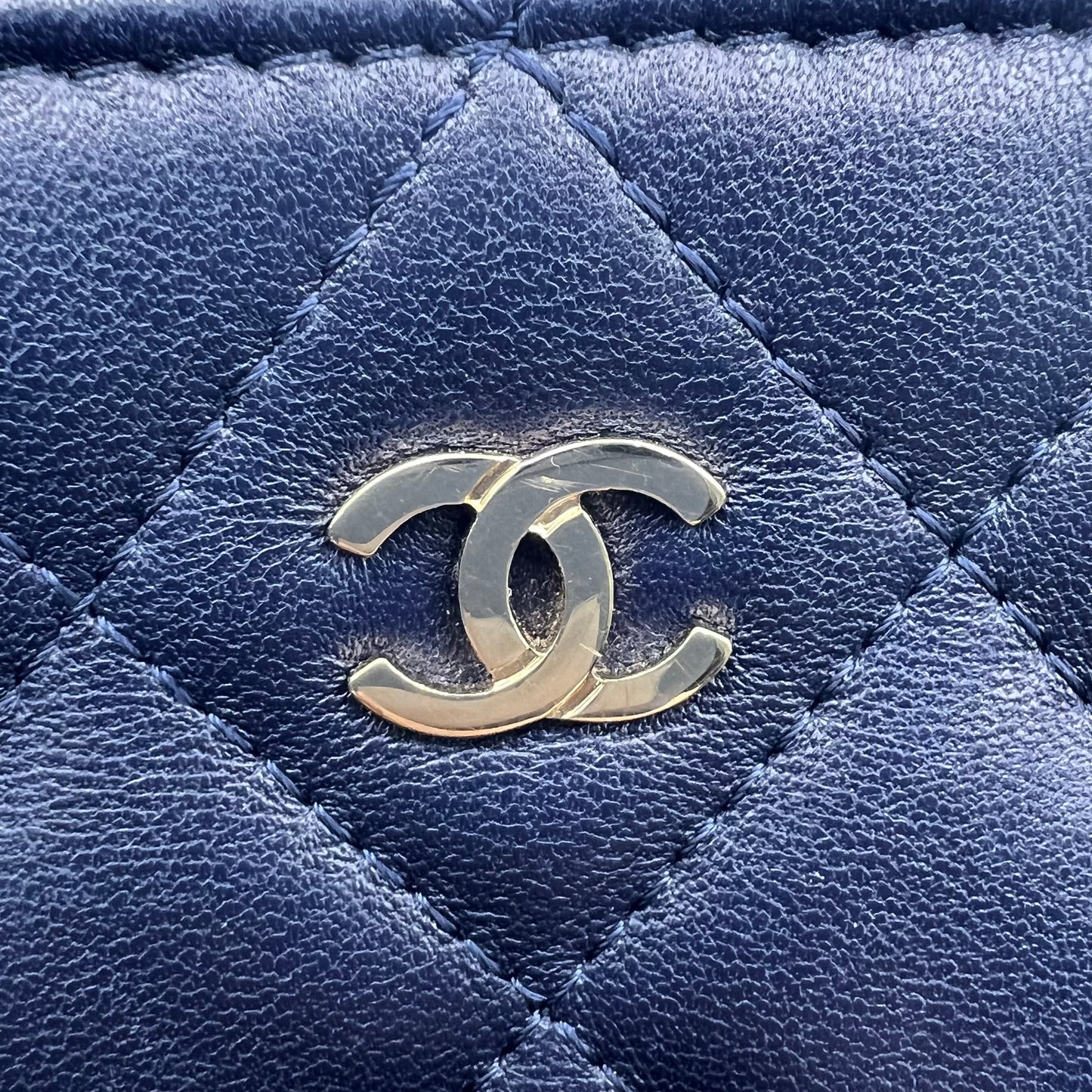 Blue Quilted Lambskin Leather Medium O-Case Zip Pouch
