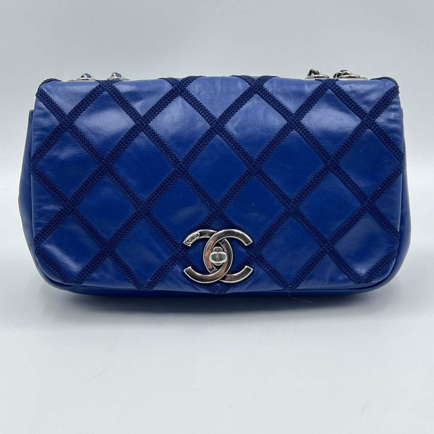 Iridescent Calfskin Diamond Embellished Medium Single Flap Blue