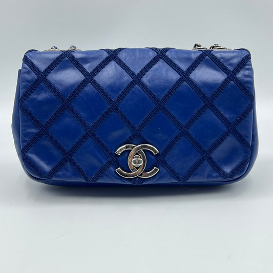 Iridescent Calfskin Diamond Embellished Medium Single Flap Blue