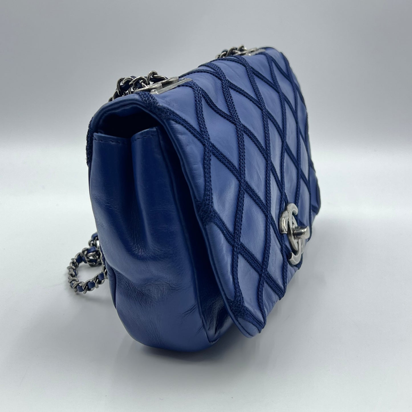 Iridescent Calfskin Diamond Embellished Medium Single Flap Blue