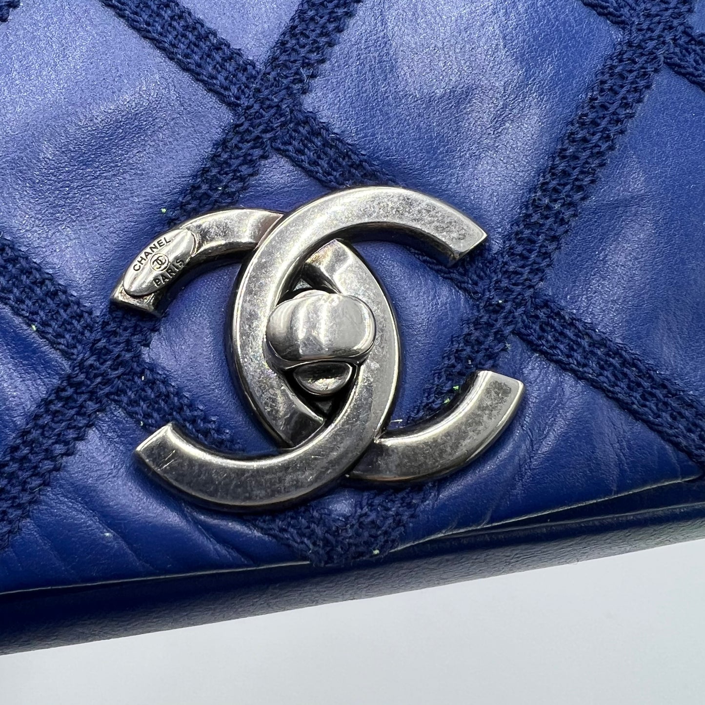 Iridescent Calfskin Diamond Embellished Medium Single Flap Blue